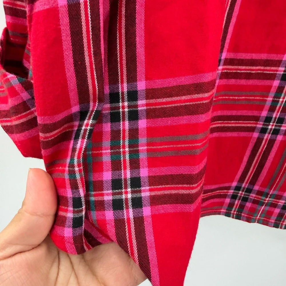 Victorias Secret Red Pink Plaid Pajama Top XL/XG Metallic Lurex & Scrunchie NEW